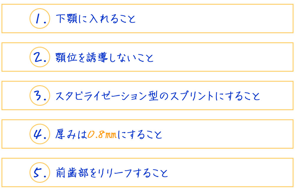 1.下顎に入れること。2.顎位を誘導しないこと。3.スタビライゼーション型のスプリントにすること。4.厚みは0.8㎜にすること。5.前歯部をリリーフすること